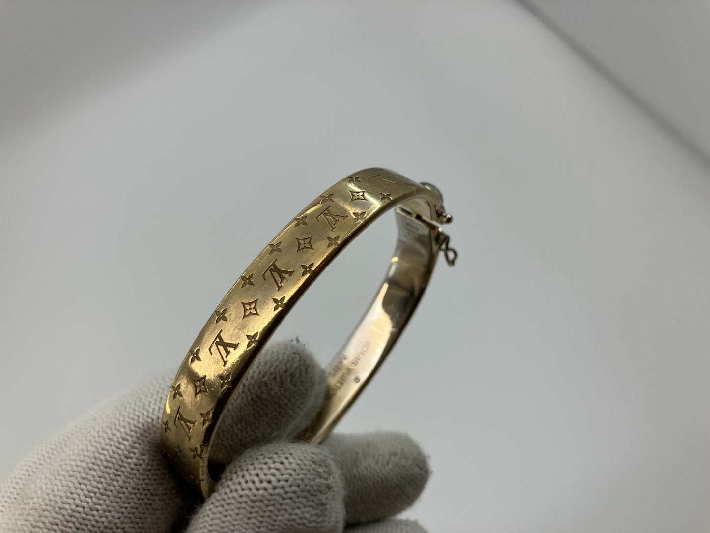 Louis Vuitton Nanogram Cuff Bangle S Size M00253 Gold-Tone GP Bracelet Made in Italy