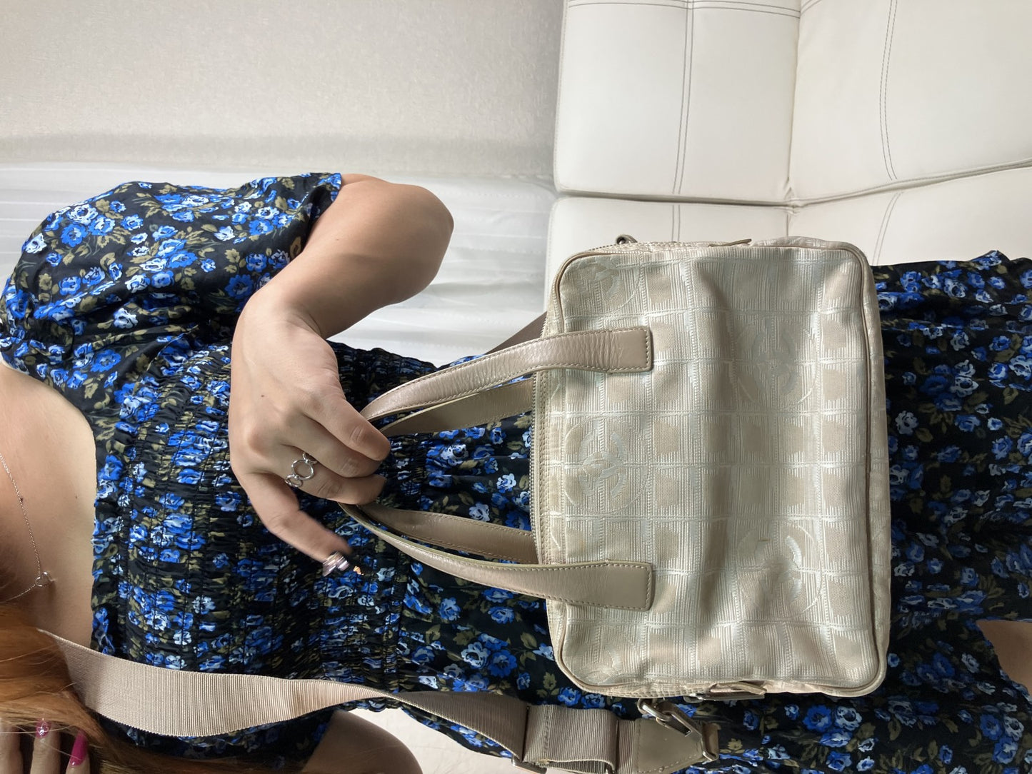 CHANEL New Travel Line 2WAY Bag Beige Canvas Serial 7075948