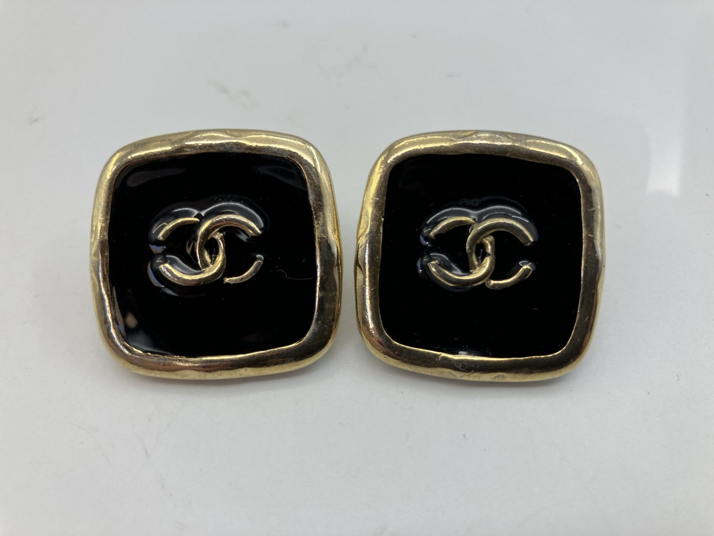 CHANEL Coco Mark Square Earrings Gold Black Vintage 26.8mm Authentic France