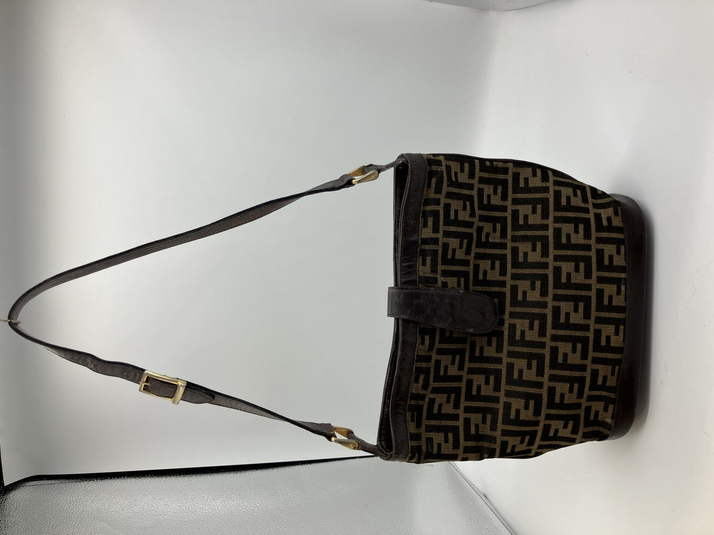 FENDI Zucca Shoulder Bag FF Logo Brown Canvas Leather Vintage Italy