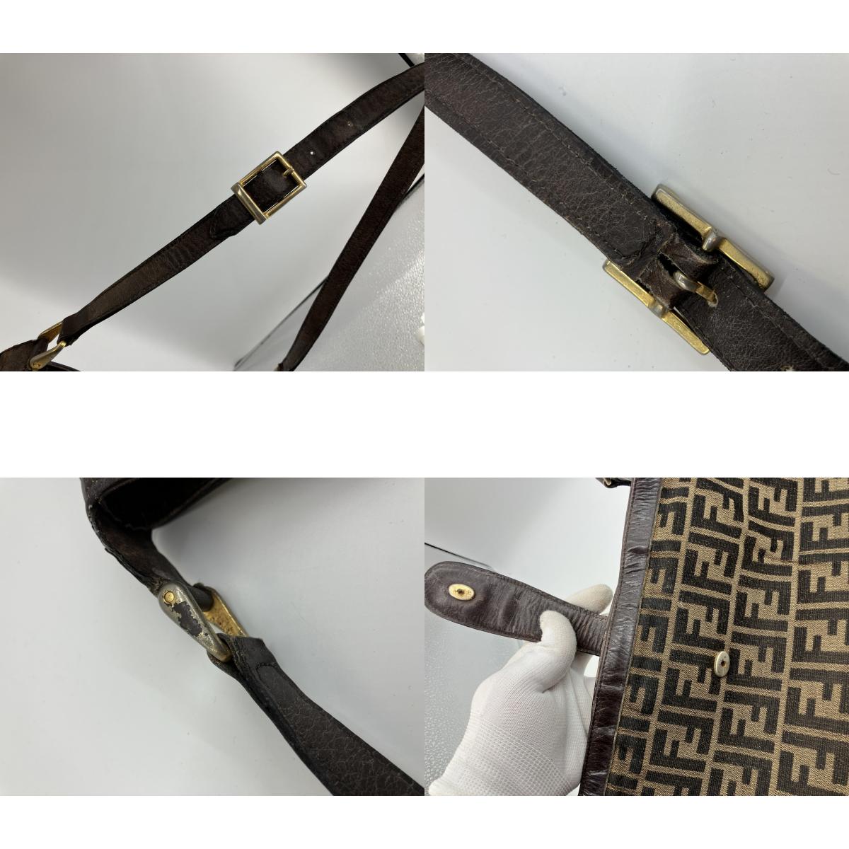 FENDI Zucca Shoulder Bag FF Logo Brown Canvas Leather Vintage Italy