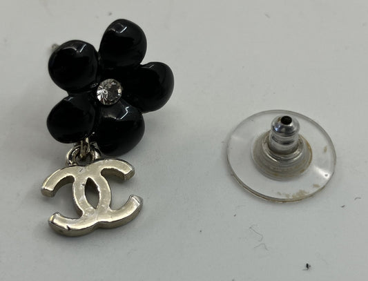 CHANEL Coco Camellia Pierced Earrings Black & Silver