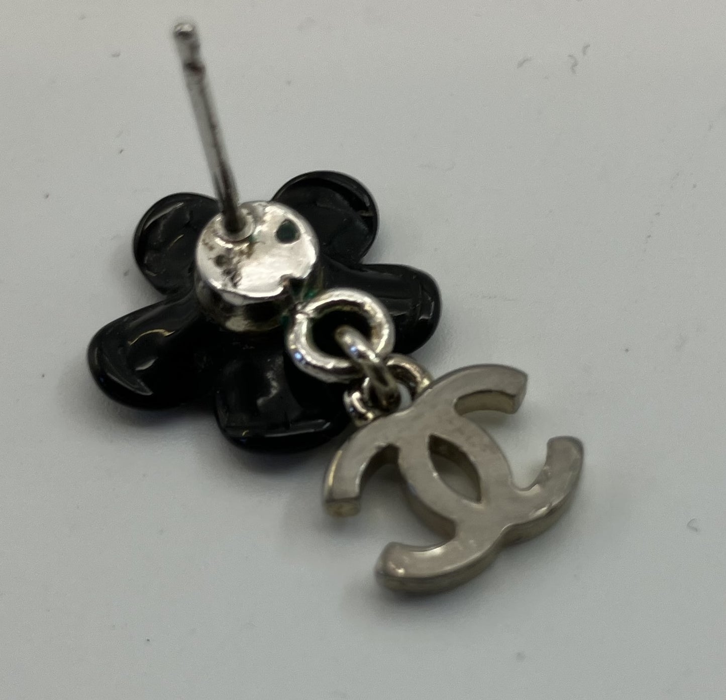 CHANEL Coco Camellia Pierced Earrings Black & Silver