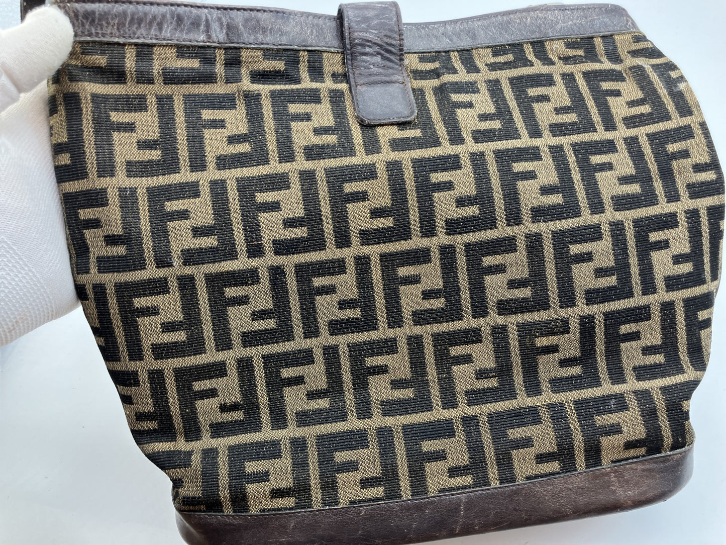 FENDI Zucca Shoulder Bag FF Logo Brown Canvas Leather Vintage Italy