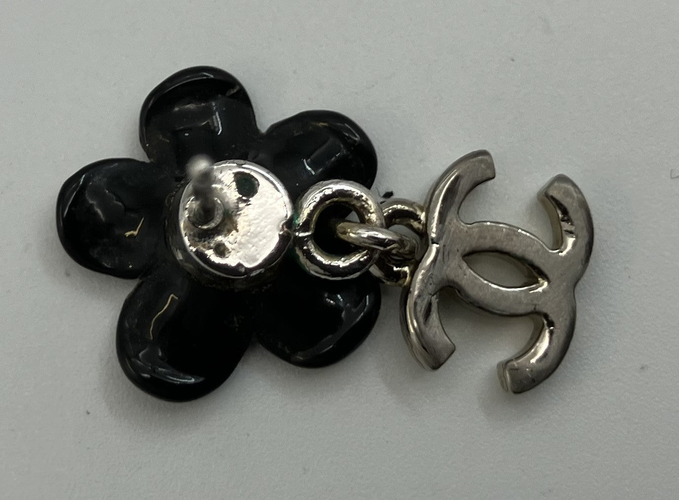 CHANEL Coco Camellia Pierced Earrings Black & Silver