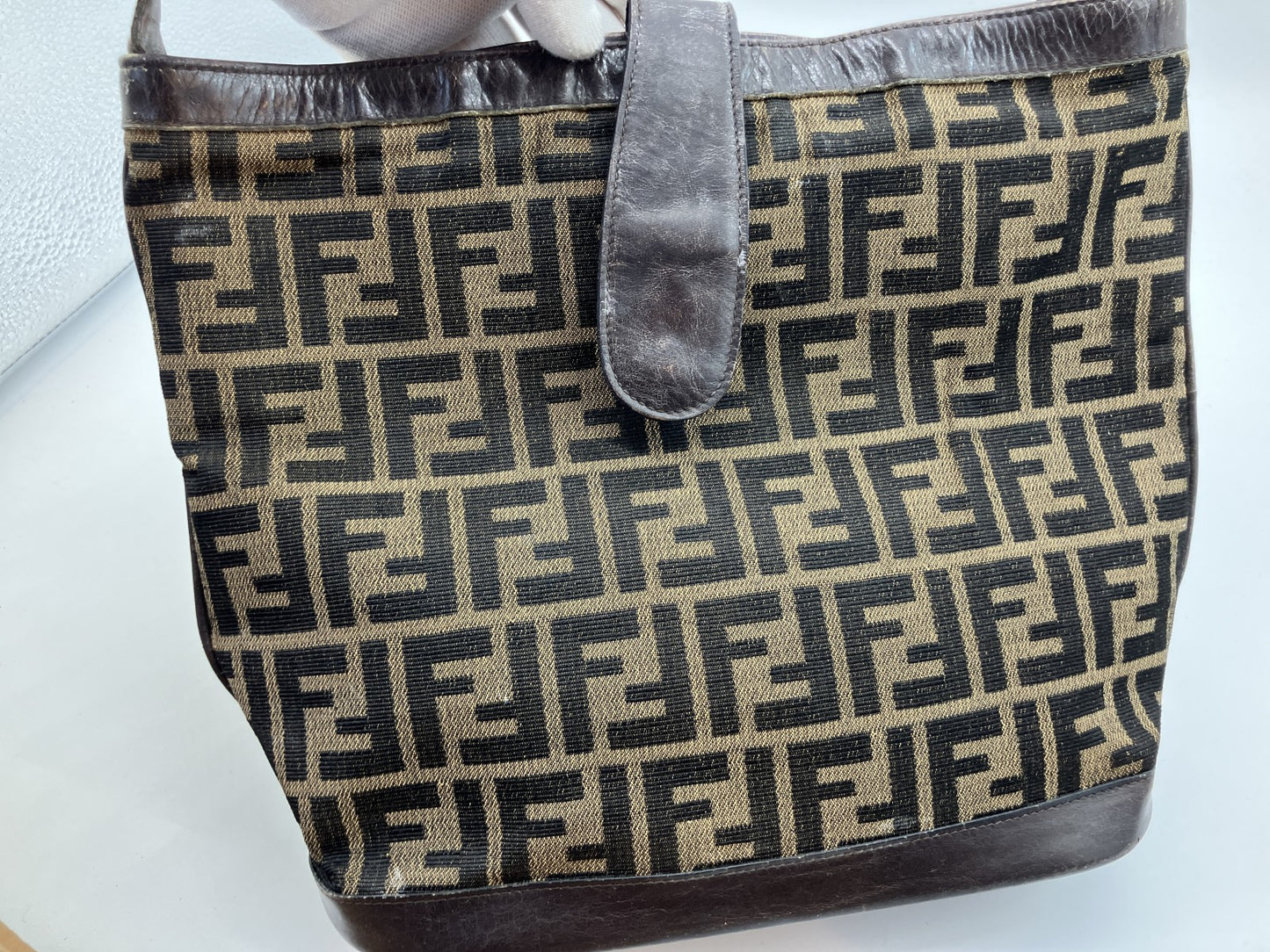 FENDI Zucca Shoulder Bag FF Logo Brown Canvas Leather Vintage Italy