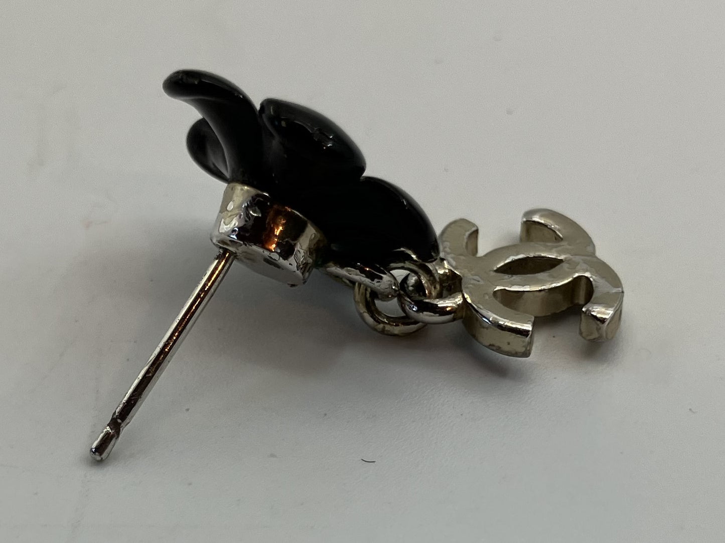 CHANEL Coco Camellia Pierced Earrings Black & Silver