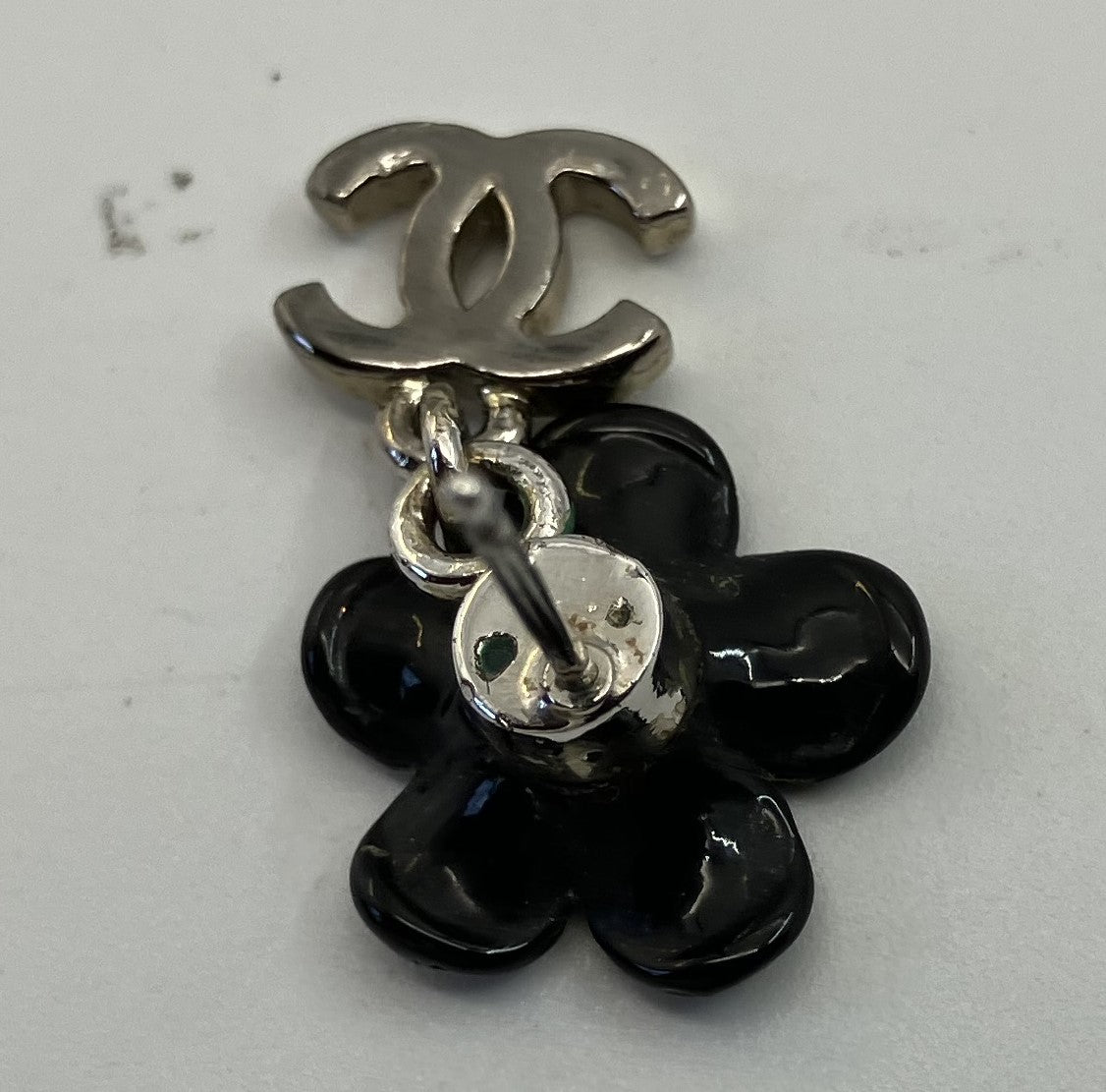 CHANEL Coco Camellia Pierced Earrings Black & Silver