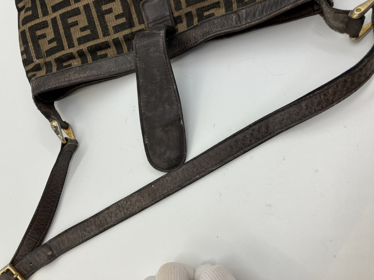 FENDI Zucca Shoulder Bag FF Logo Brown Canvas Leather Vintage Italy
