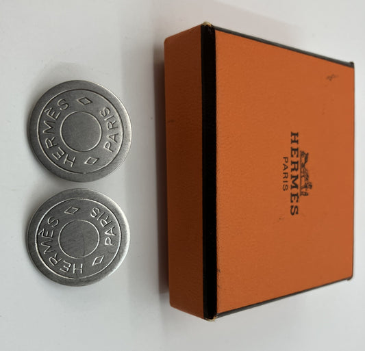 HERMES Sellier Button Clip-On Earrings Silver Tone 2cm Pair Vintage with Box Authentic