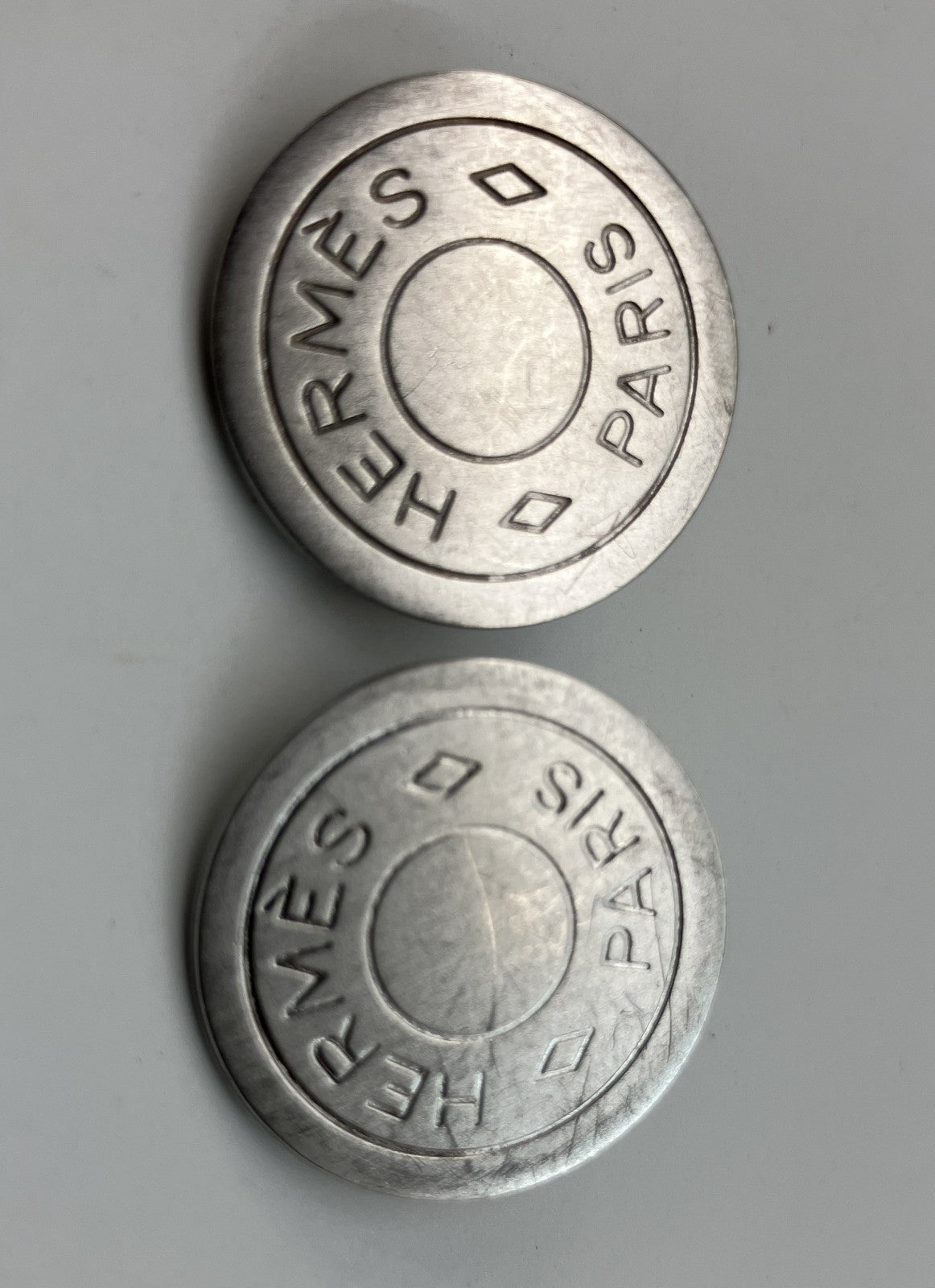 HERMES Sellier Button Clip-On Earrings Silver Tone 2cm Pair Vintage with Box Authentic