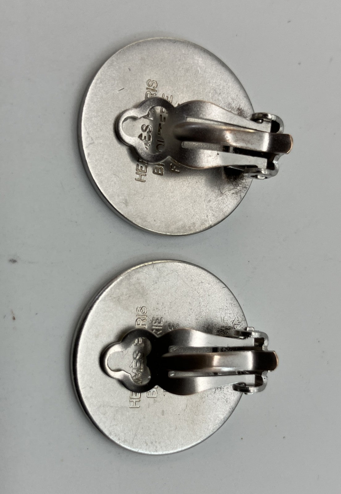 HERMES Sellier Button Clip-On Earrings Silver Tone 2cm Pair Vintage with Box Authentic