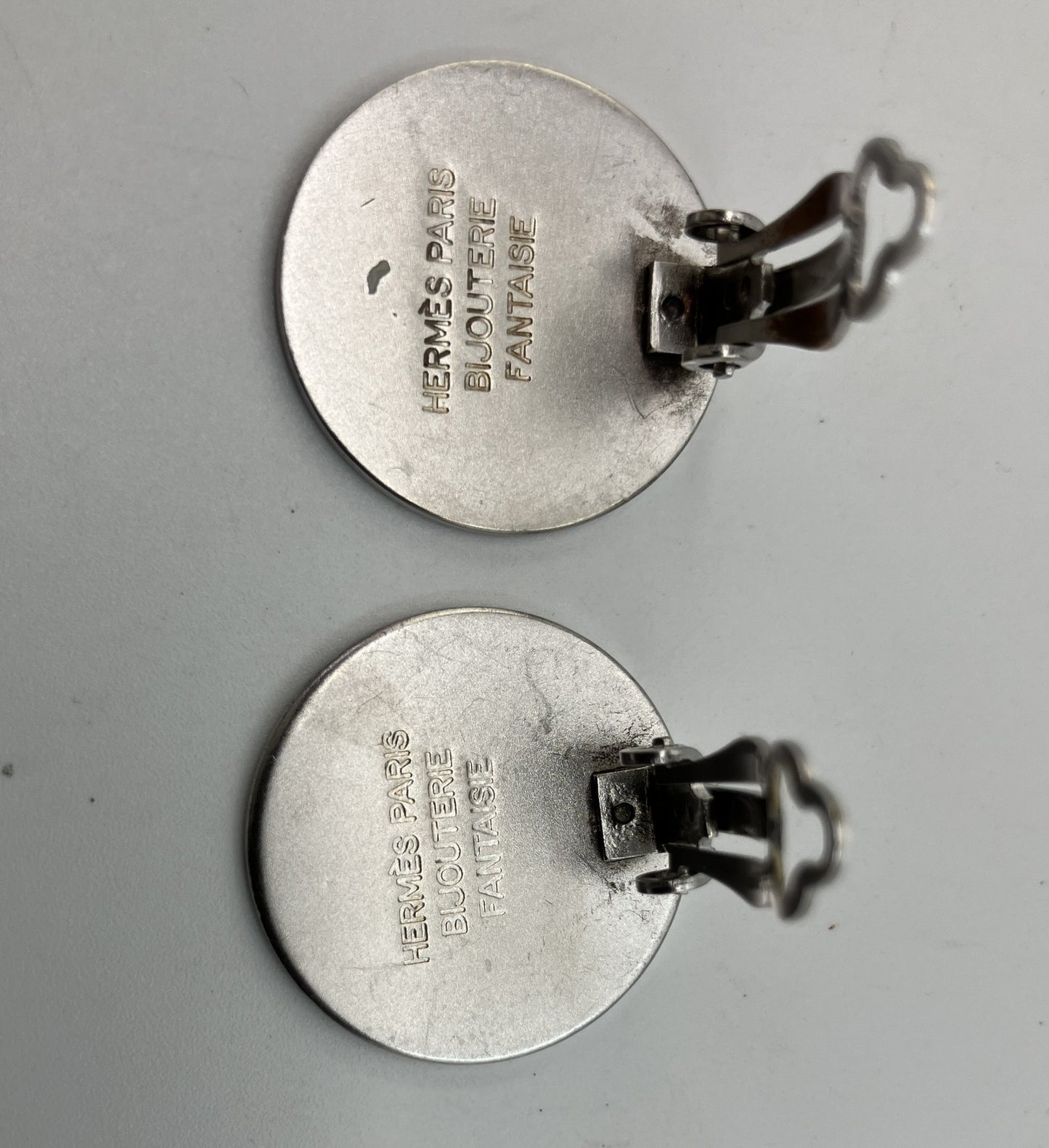 HERMES Sellier Button Clip-On Earrings Silver Tone 2cm Pair Vintage with Box Authentic