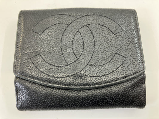 CHANEL Caviar Skin Wallet Compact Bifold Wallet Black No Seal
