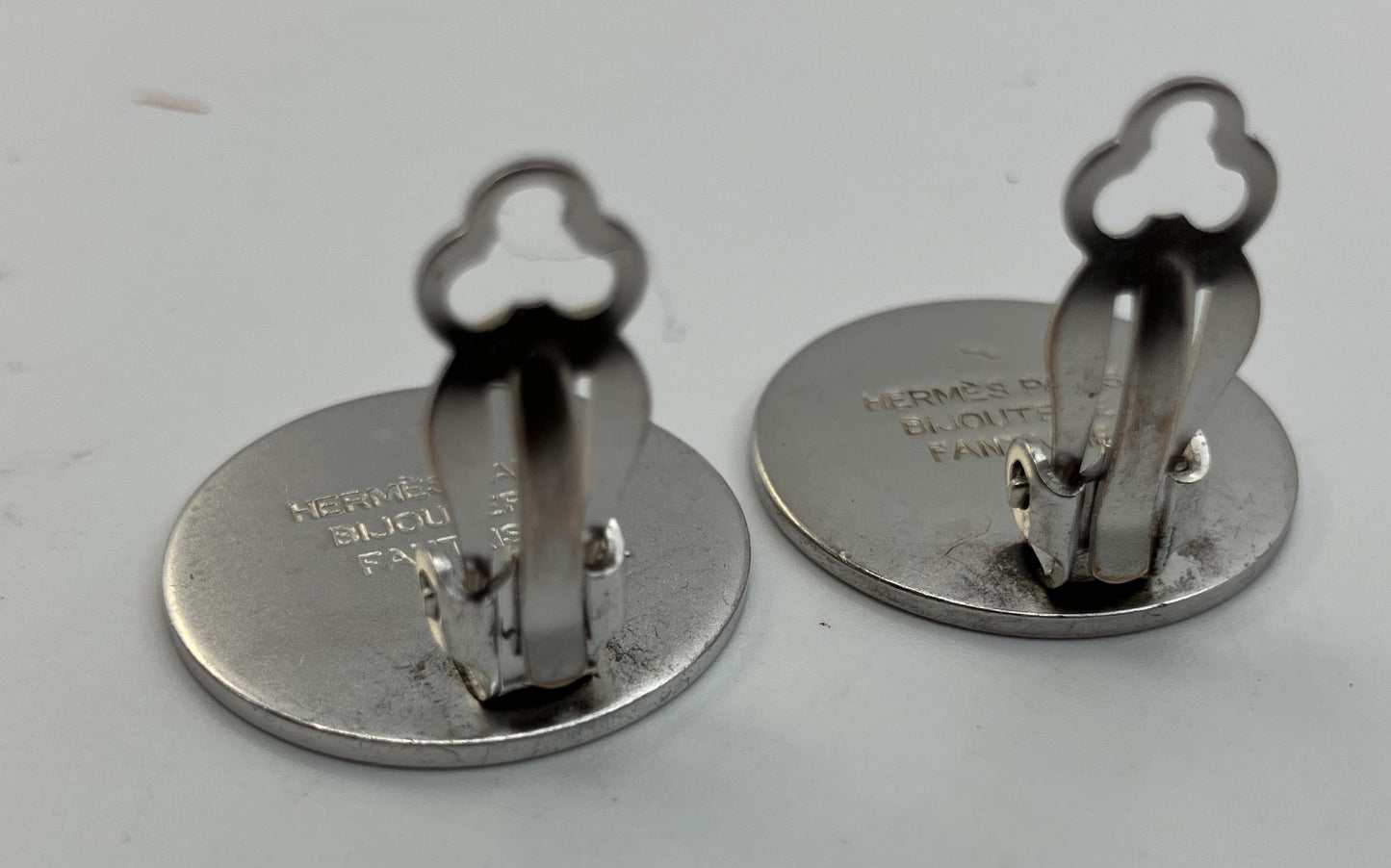 HERMES Sellier Button Clip-On Earrings Silver Tone 2cm Pair Vintage with Box Authentic