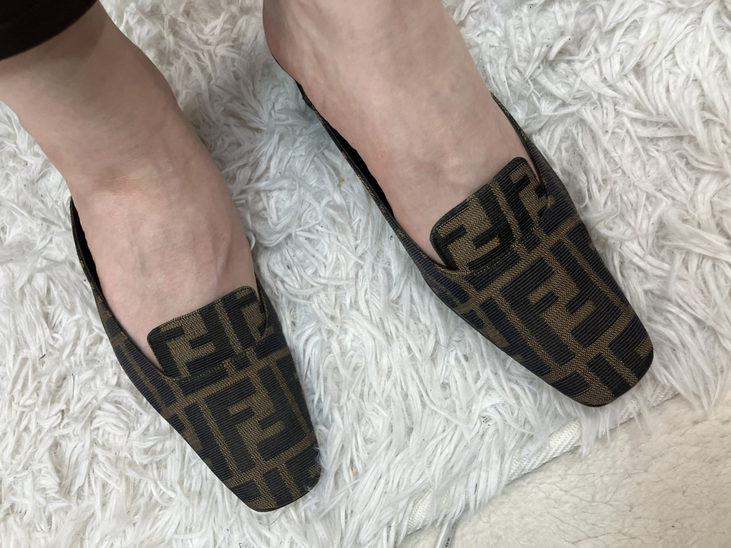 Fendi Zucca Mules Heels Brown Canvas Slide Pumps EU35 US5.5 Block Heel Italy