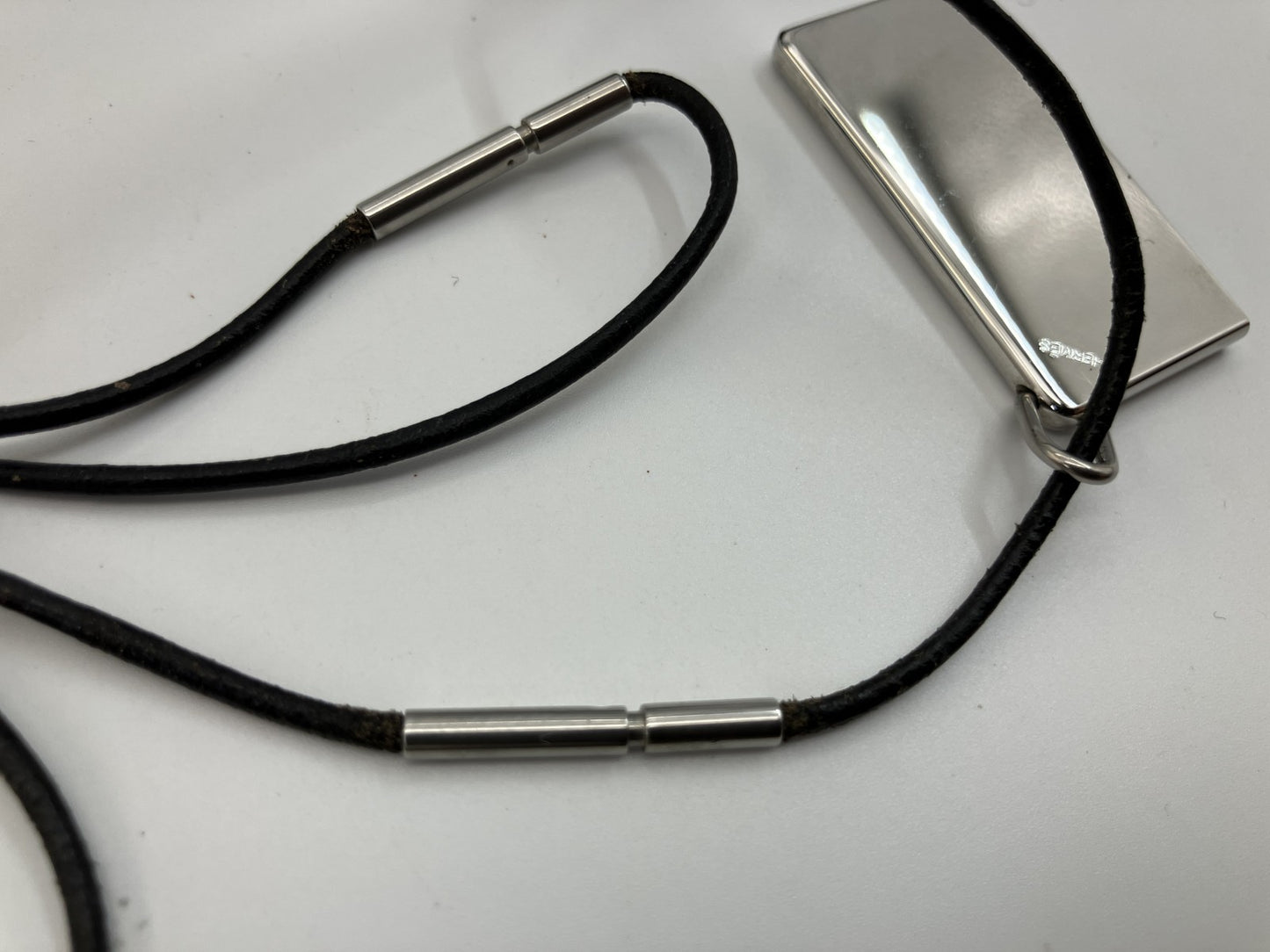 HERMES Symbol Pair Necklace 2000 Silver-Tone Metal Top 4×2cm Black Leather Cord with Box