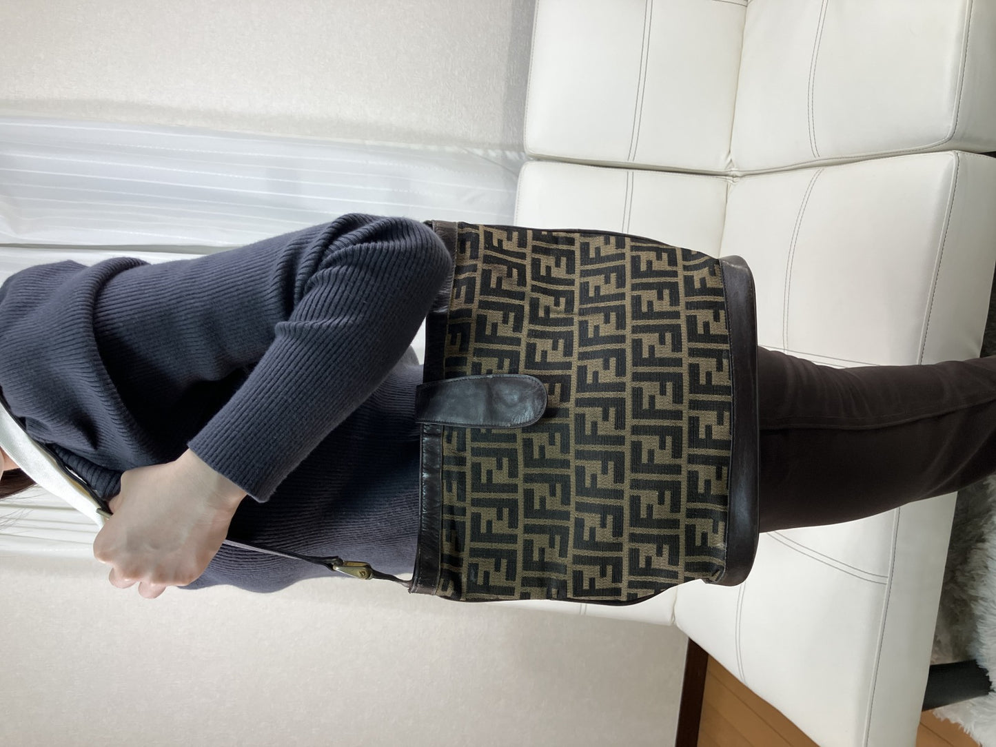 FENDI Zucca Shoulder Bag FF Logo Brown Canvas Leather Vintage Italy