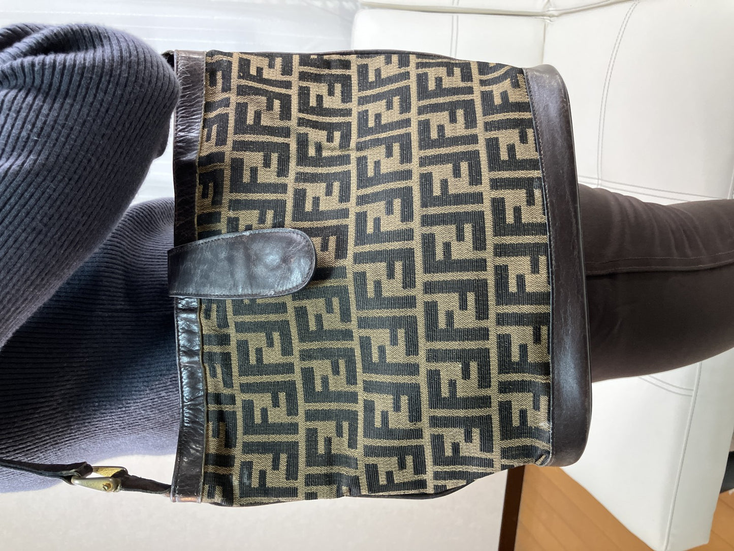 FENDI Zucca Shoulder Bag FF Logo Brown Canvas Leather Vintage Italy