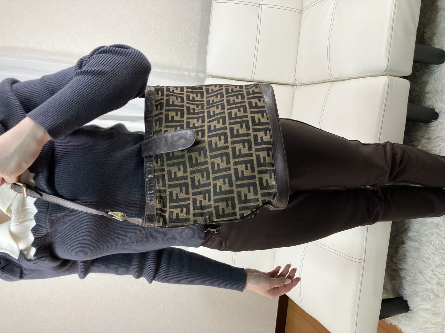 FENDI Zucca Shoulder Bag FF Logo Brown Canvas Leather Vintage Italy