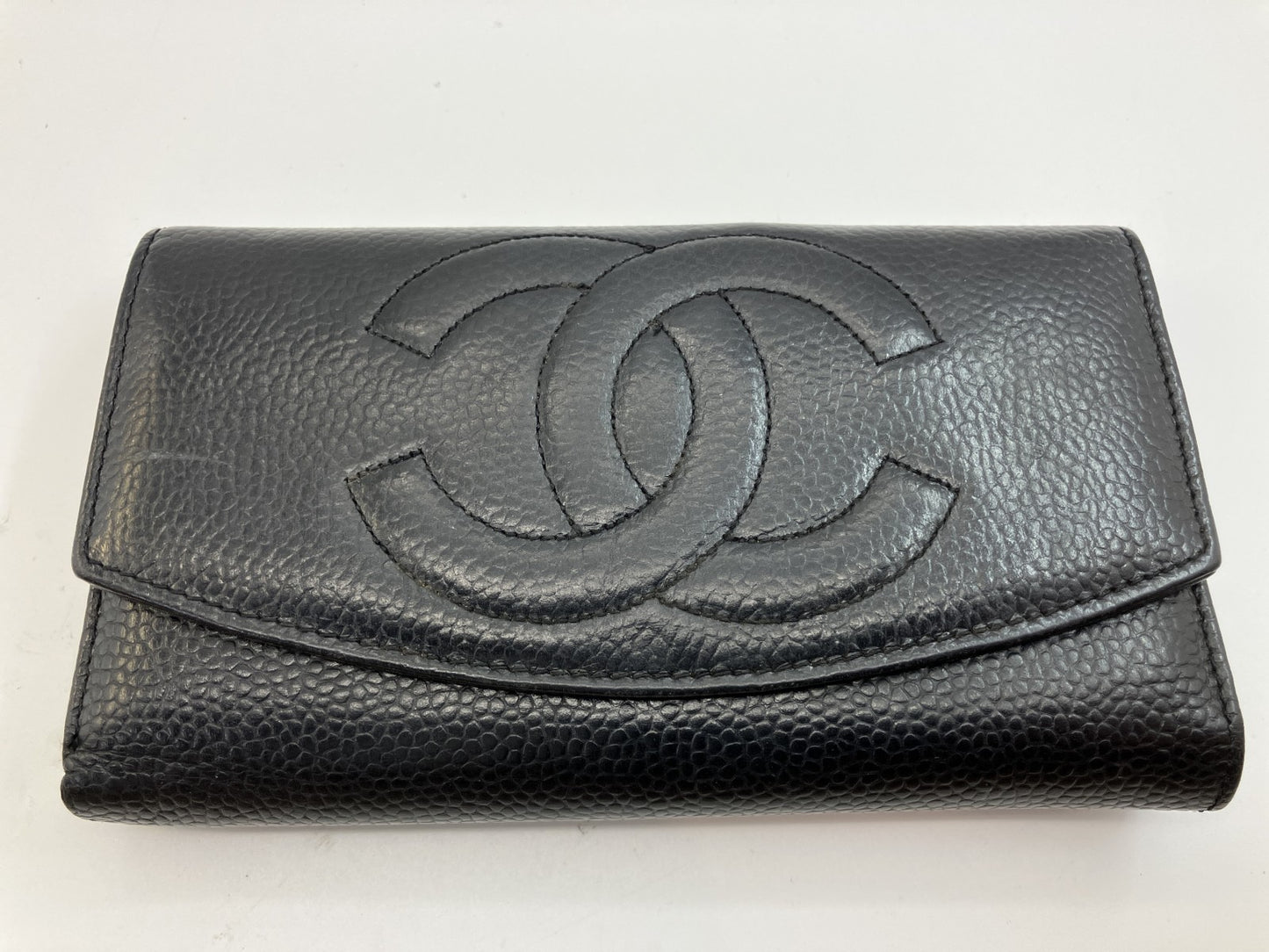 CHANEL Coco Mark Long Wallet Black Caviar Leather 18.5×10.5cm w/ Card – Snap Missing