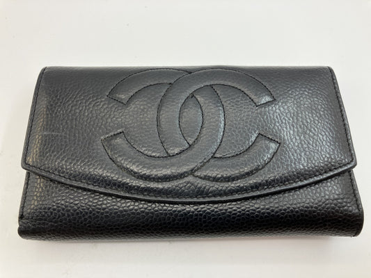 CHANEL Coco Mark Long Wallet Black Caviar Leather 18.5×10.5cm w/ Card – Snap Missing