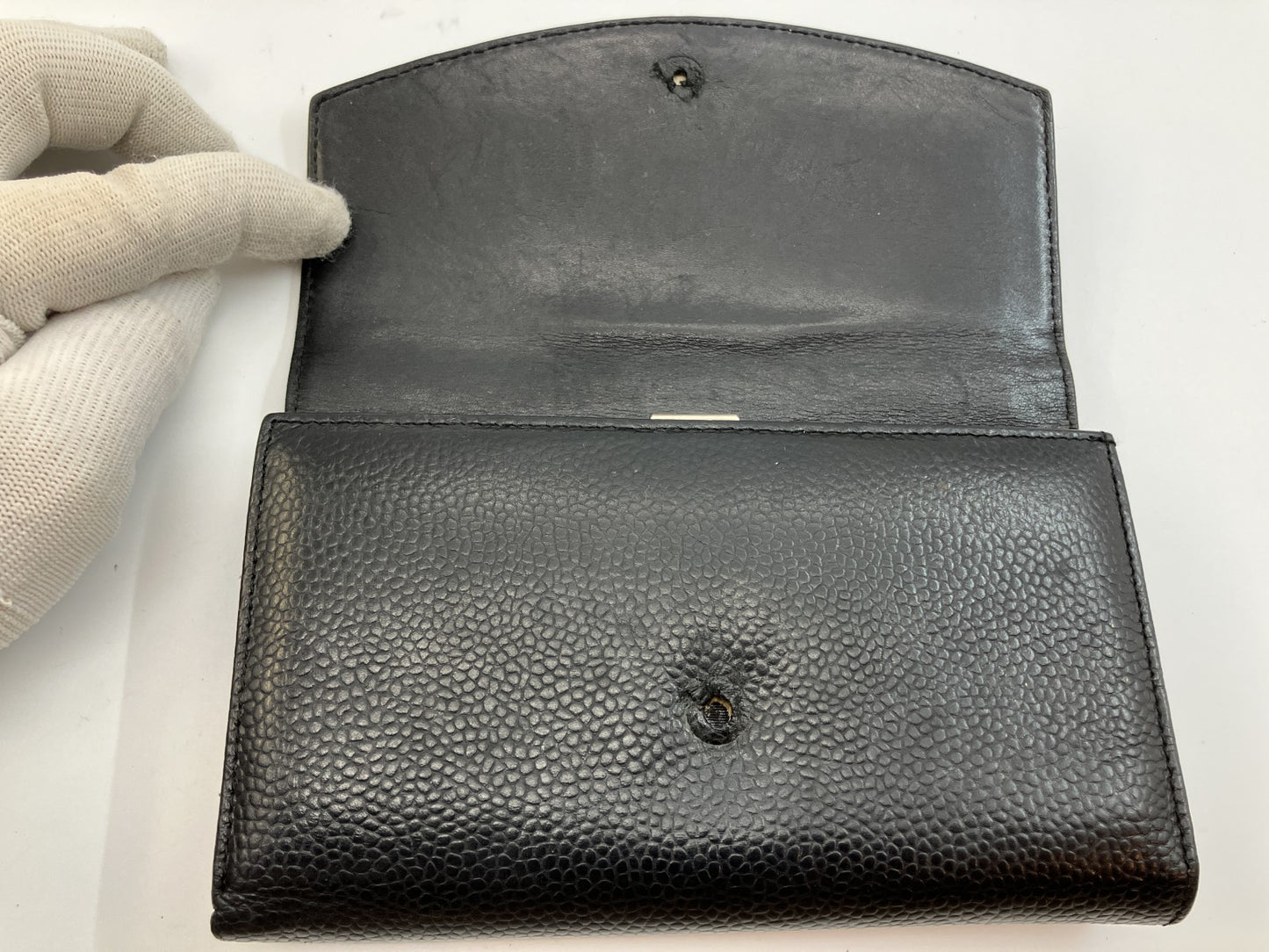 CHANEL Coco Mark Long Wallet Black Caviar Leather 18.5×10.5cm w/ Card – Snap Missing