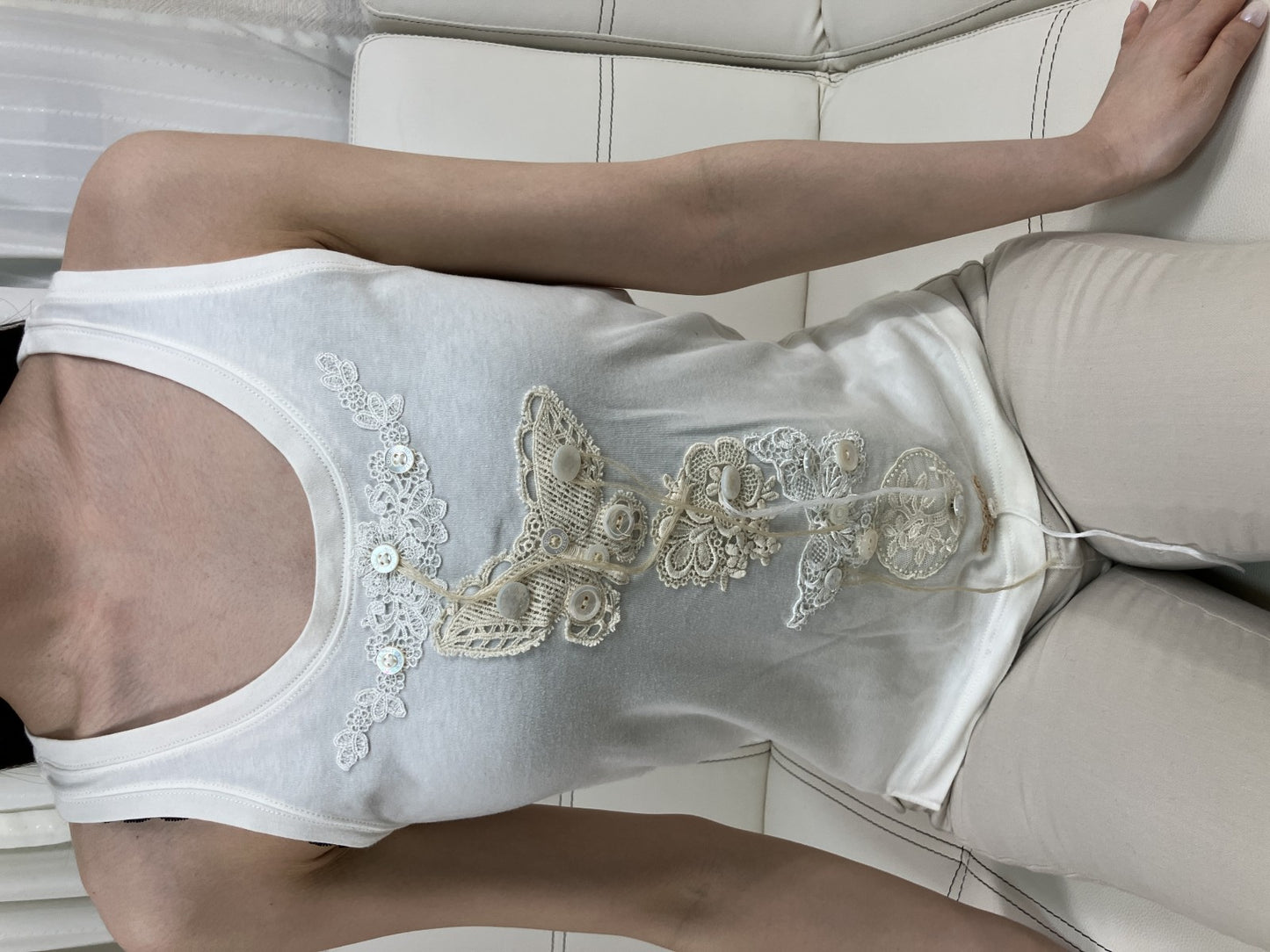 Louis Vuitton Sleeveless Top Lace Embroidery Ivory LV Buttons Size M Italy