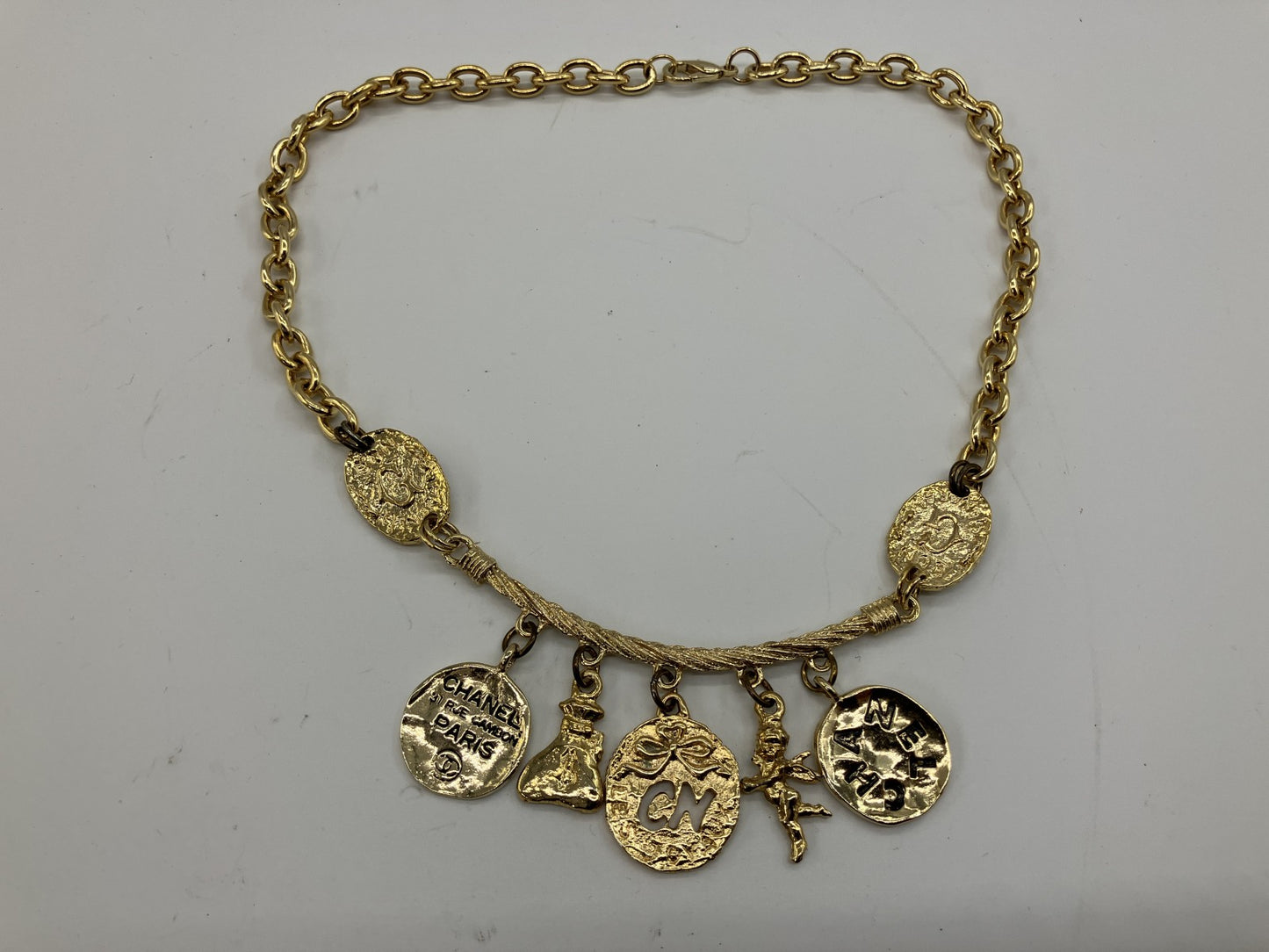 CHANEL Vintage Charm Necklace Gold Tone Coin Angel Perfume Pendant