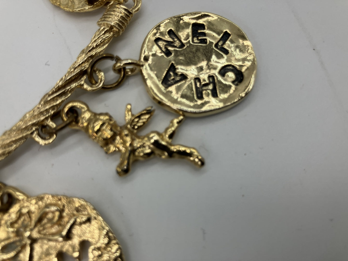 CHANEL Vintage Charm Necklace Gold Tone Coin Angel Perfume Pendant