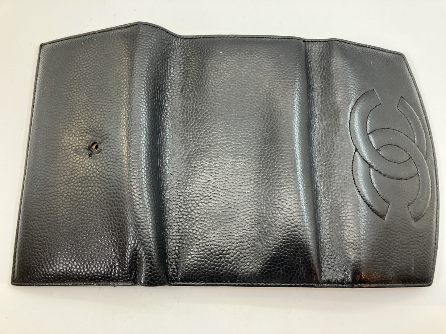 CHANEL Coco Mark Long Wallet Black Caviar Leather 18.5×10.5cm w/ Card – Snap Missing
