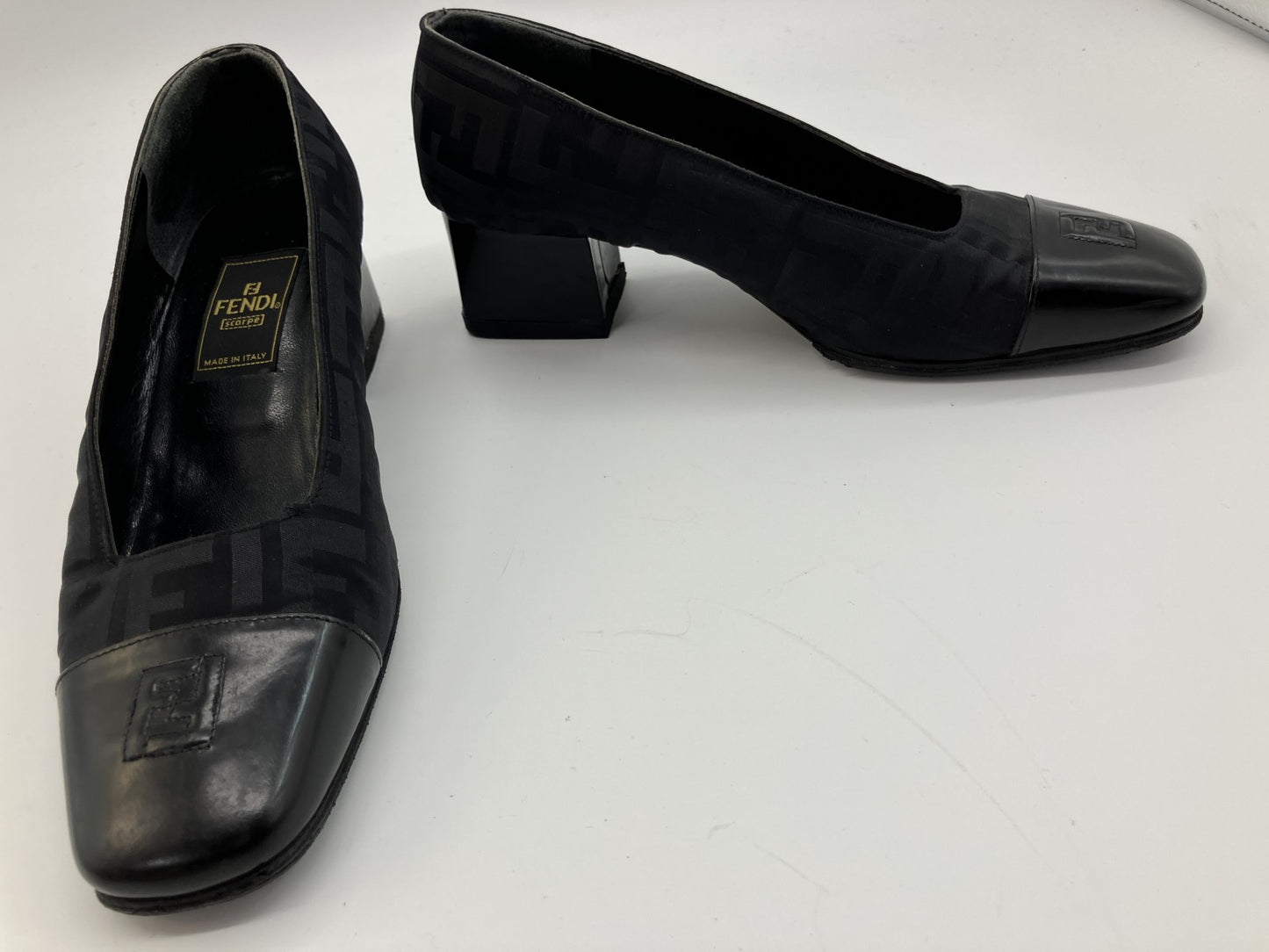 FENDI Zucca FF Logo Black Canvas Leather Pumps Block Heel EU35 US5 22cm Italy