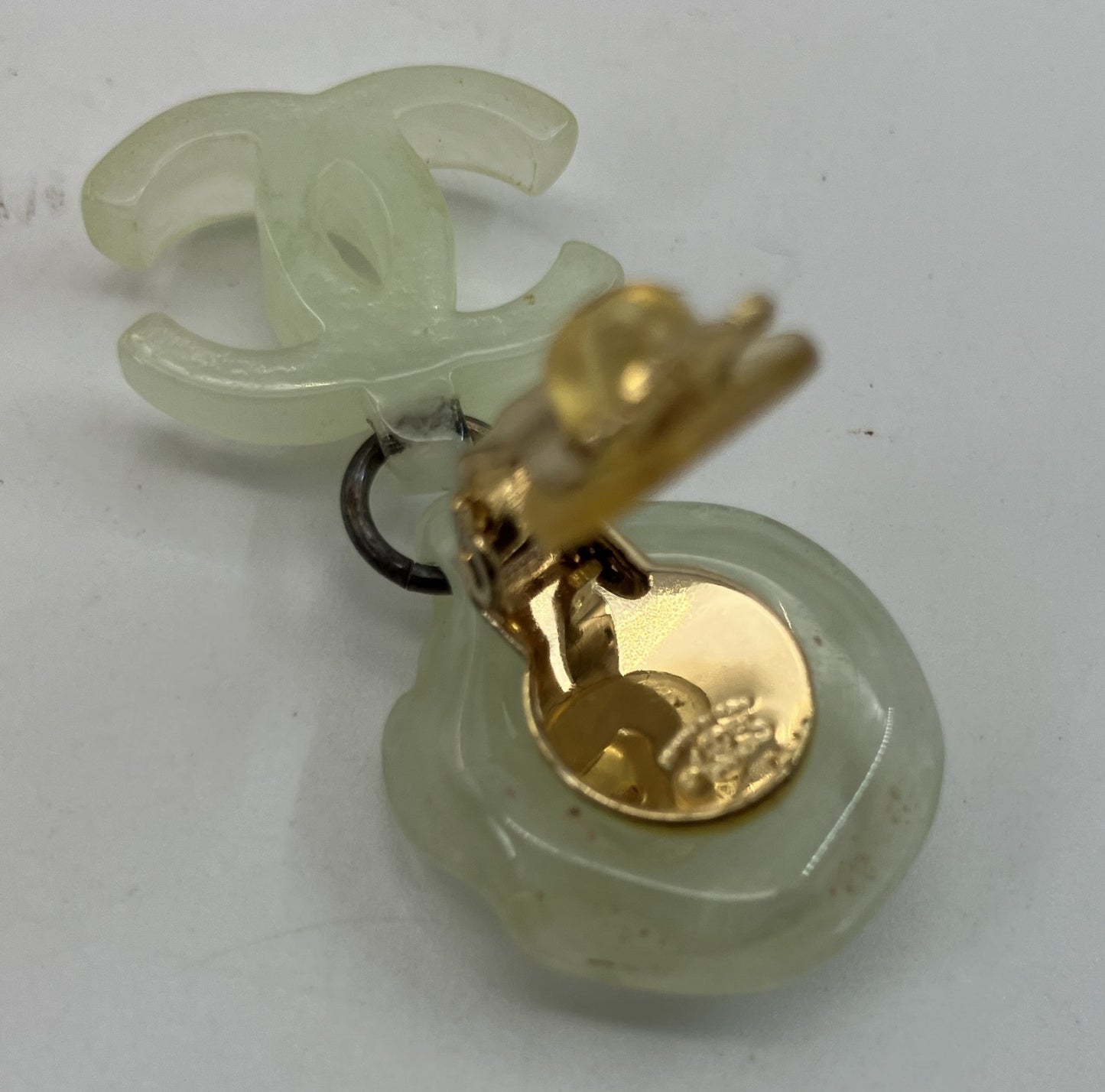 CHANEL Camellia Coco Mark Clip-On Earring Single 02P Mint Green Gold Tone
