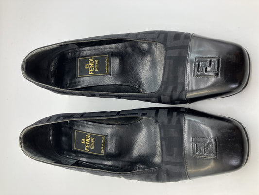 FENDI Zucca FF Logo Black Canvas Leather Pumps Block Heel EU35 US5 22cm Italy