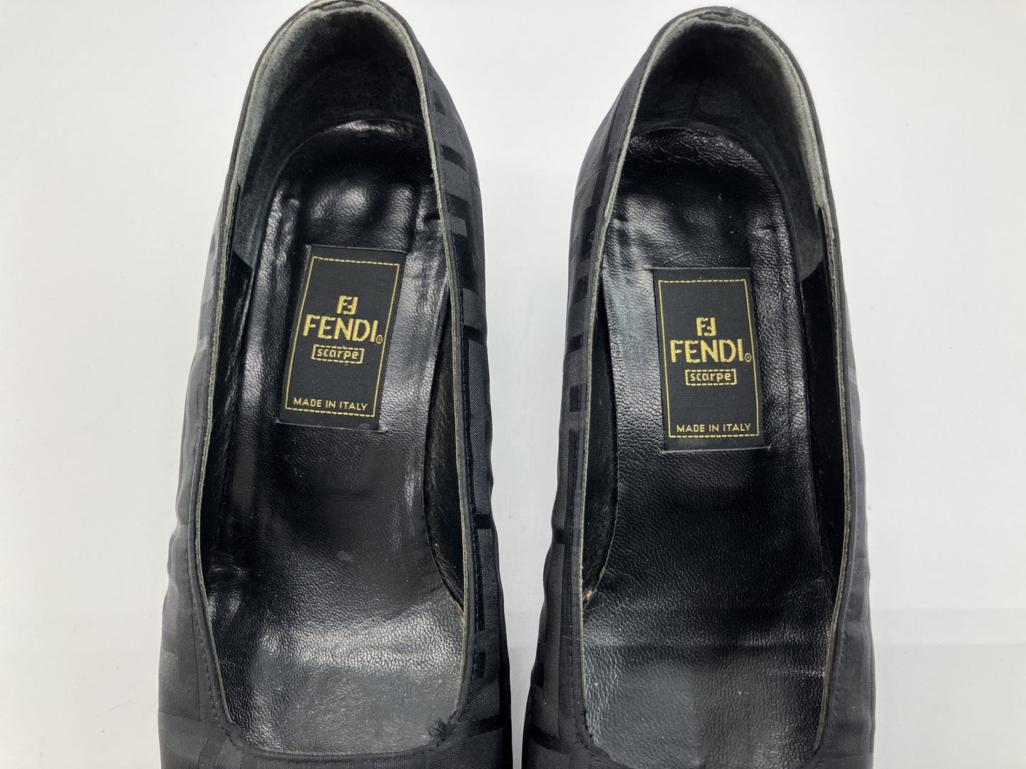 FENDI Zucca FF Logo Black Canvas Leather Pumps Block Heel EU35 US5 22cm Italy