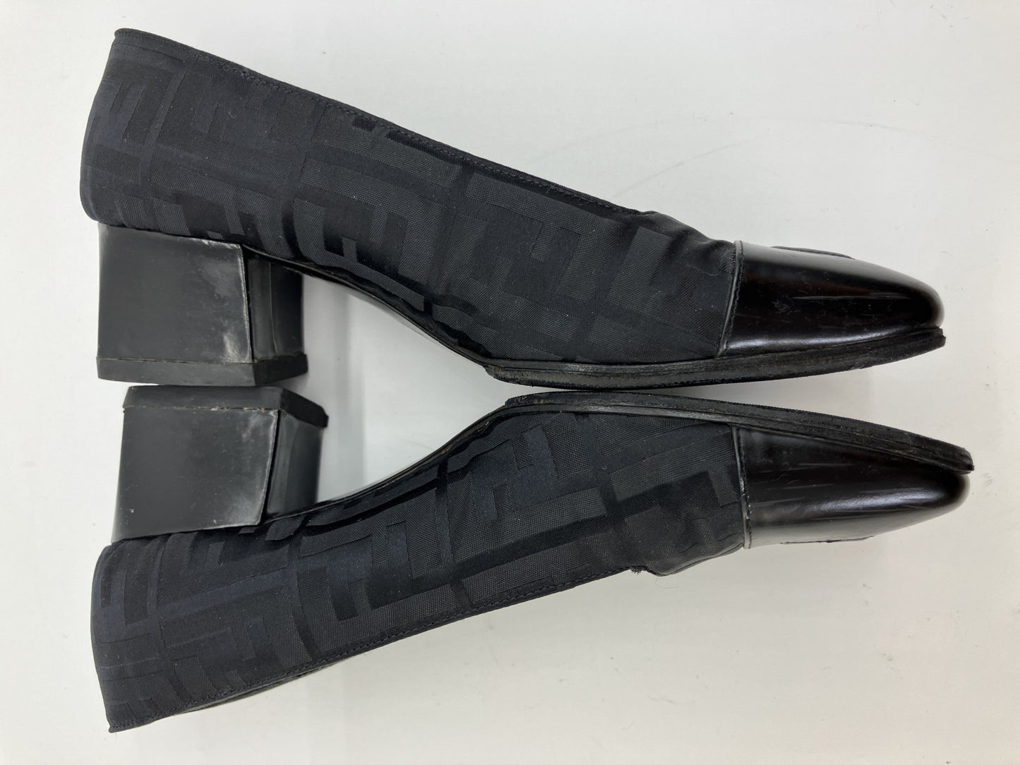 FENDI Zucca FF Logo Black Canvas Leather Pumps Block Heel EU35 US5 22cm Italy
