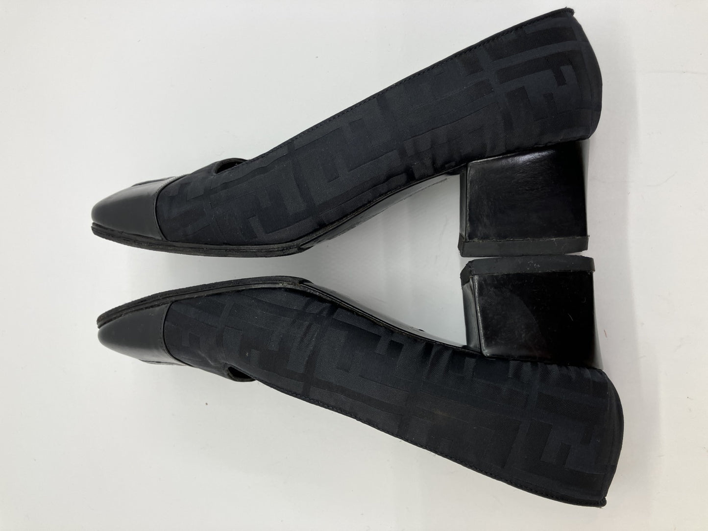 FENDI Zucca FF Logo Black Canvas Leather Pumps Block Heel EU35 US5 22cm Italy