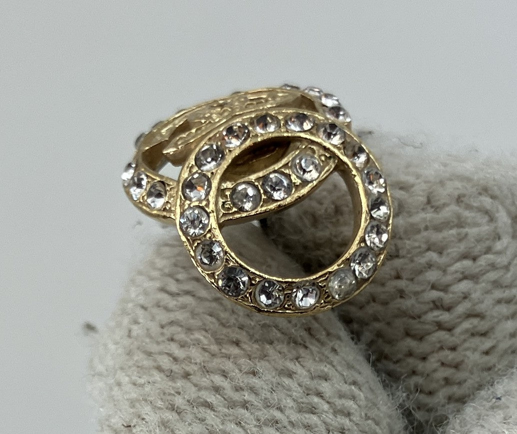 CHANEL 15B CC Logo Rhinestone Stud Earring Single Gold Tone Crystal 1.5cm