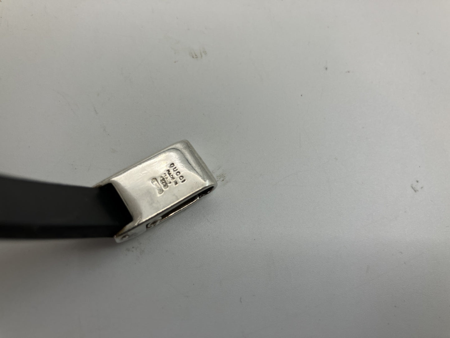 Gucci Silver Bracelet SV925 Black Rubber Band 17cm Unisex Authentic 925 Sterling Vintage Jewelry