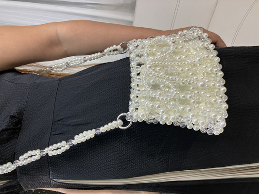 Faux Pearl Beaded Mini Shoulder Bag White Clear Chain Evening Purse