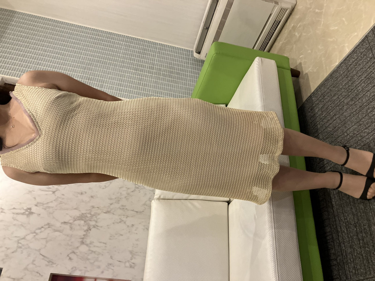 TOCCA One-piece dress, beige brown, sleeveless, pink lining, size 4, total length around 43.3",