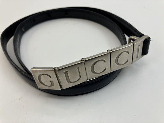 GUCCI Logo Plate Skinny Belt Navy Leather 70/28 84cm Made in Italy