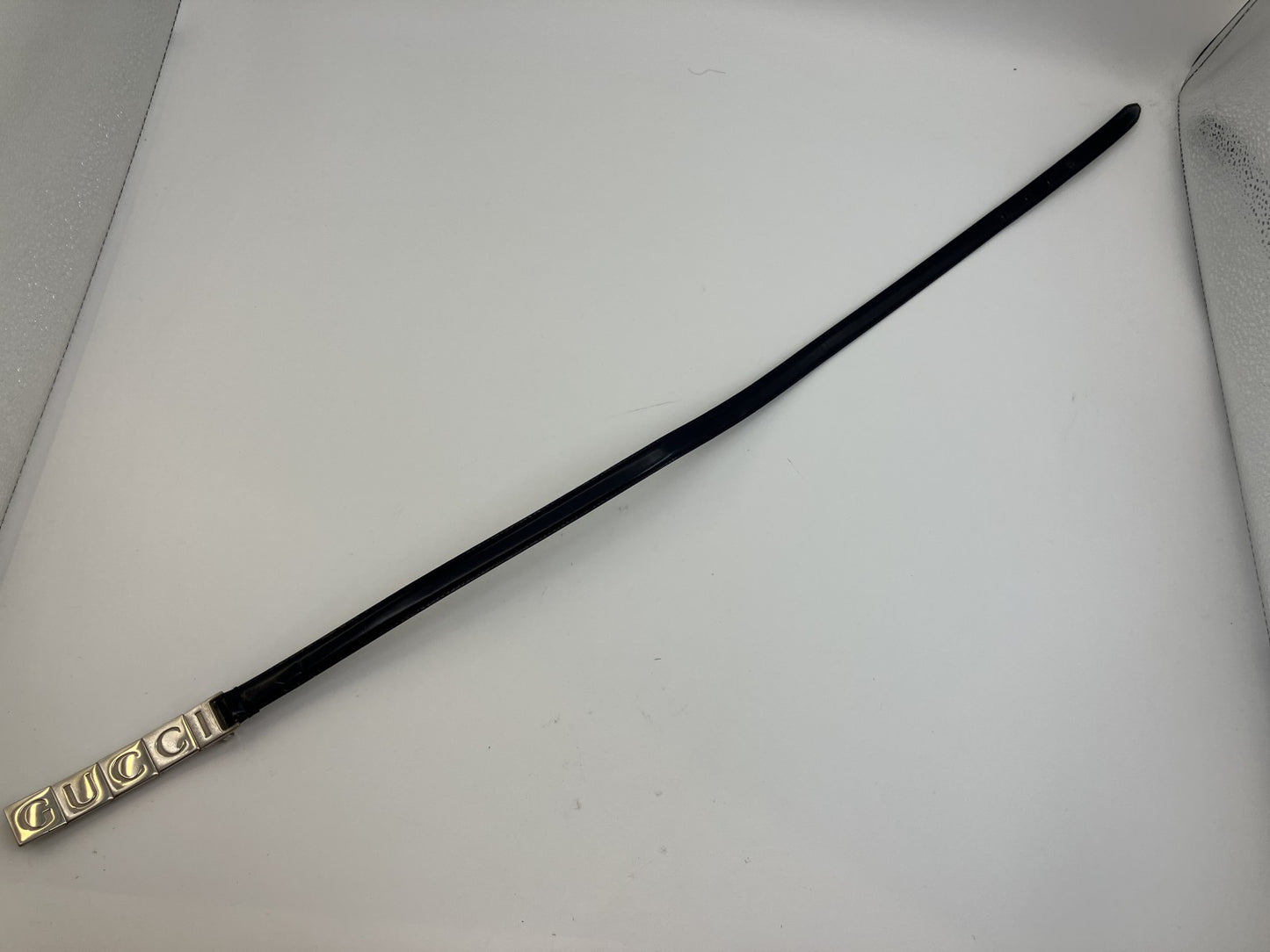 GUCCI Logo Plate Skinny Belt Navy Leather 70/28 84cm Made in Italy