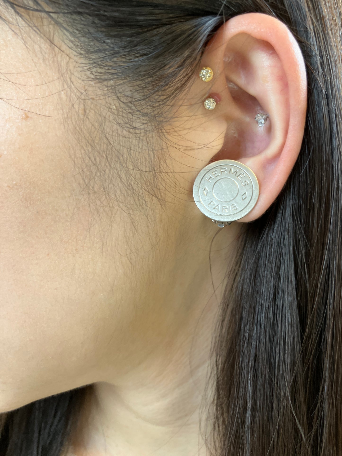 HERMES Sellier Button Clip-On Earrings Silver Tone 2cm Pair Vintage with Box Authentic