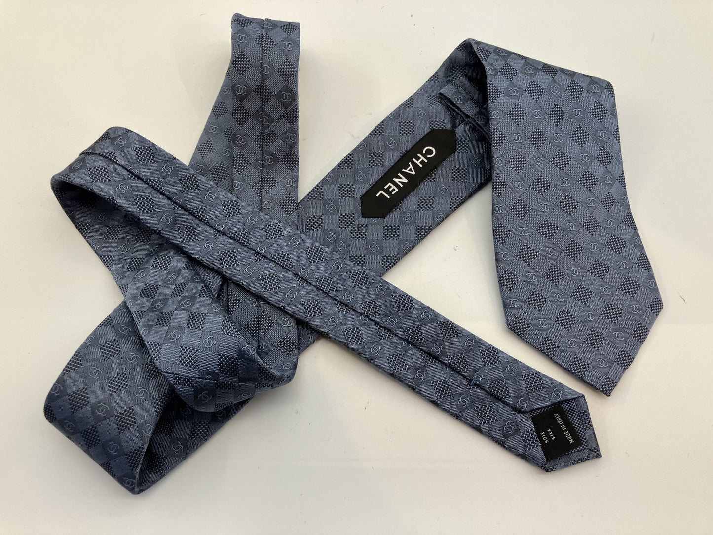 Chanel Coco Mark 20P Necktie Width 8cm (3.15 inch) Silk Blue Free Shipping 