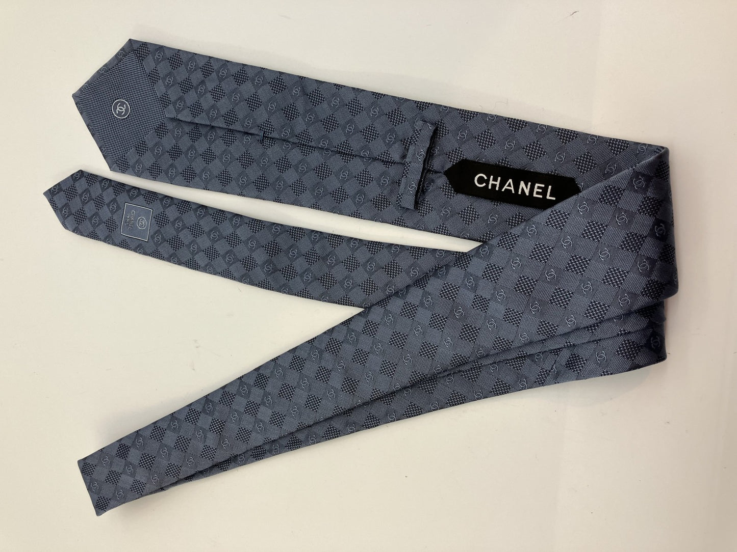 Chanel Coco Mark 20P Necktie Width 8cm (3.15 inch) Silk Blue Free Shipping 