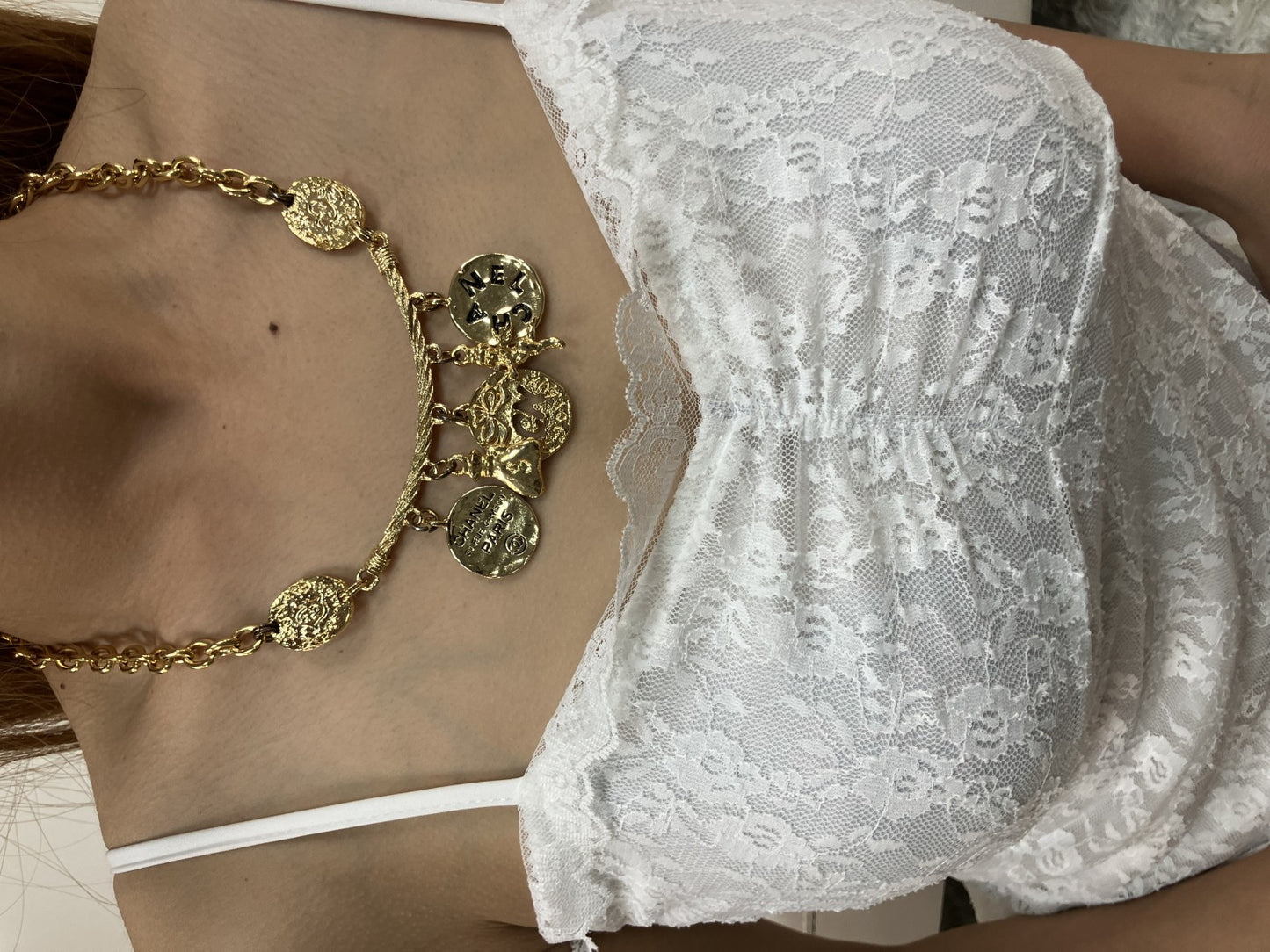 CHANEL Vintage Charm Necklace Gold Tone Coin Angel Perfume Pendant