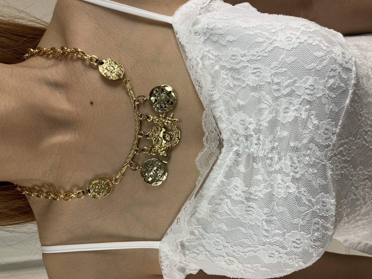 CHANEL Vintage Charm Necklace Gold Tone Coin Angel Perfume Pendant