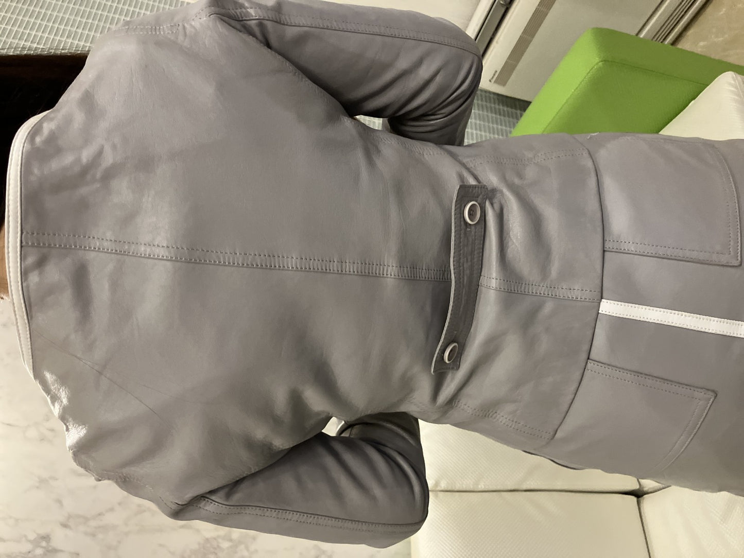 Courrﾃｨges sheepskin leather set-up jacket and skirt, grey, size 38, made in Japan,