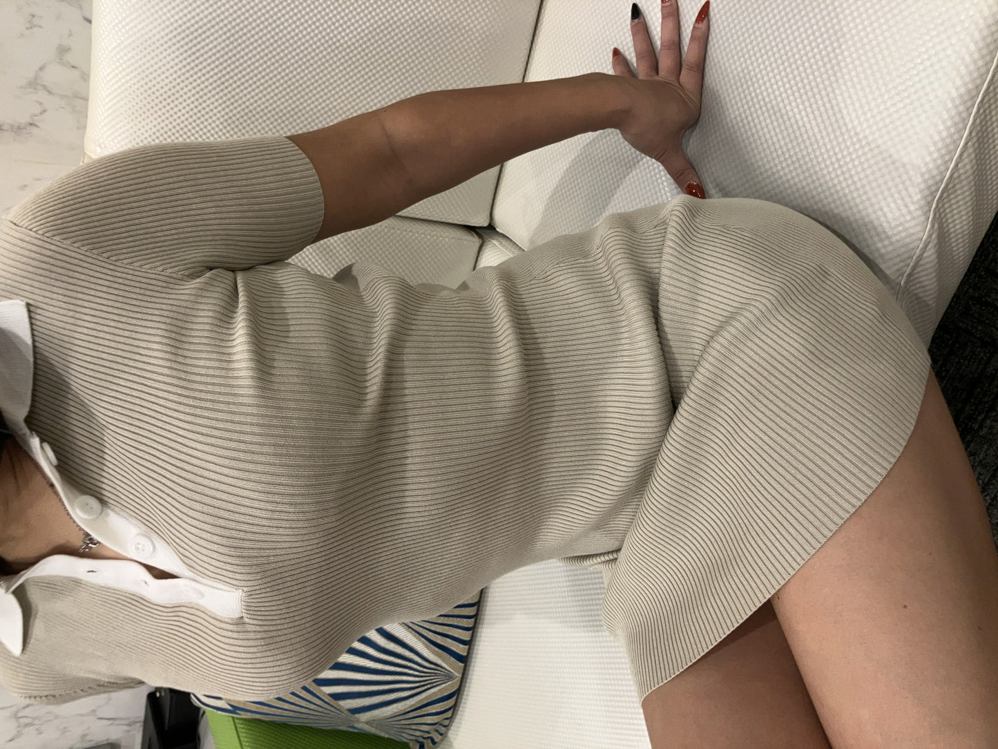 ANAP Rib Knit Polo Dress, Short Sleeve, Tight Fit, Beige and White, Collared, One Size Fits Most, Stretch